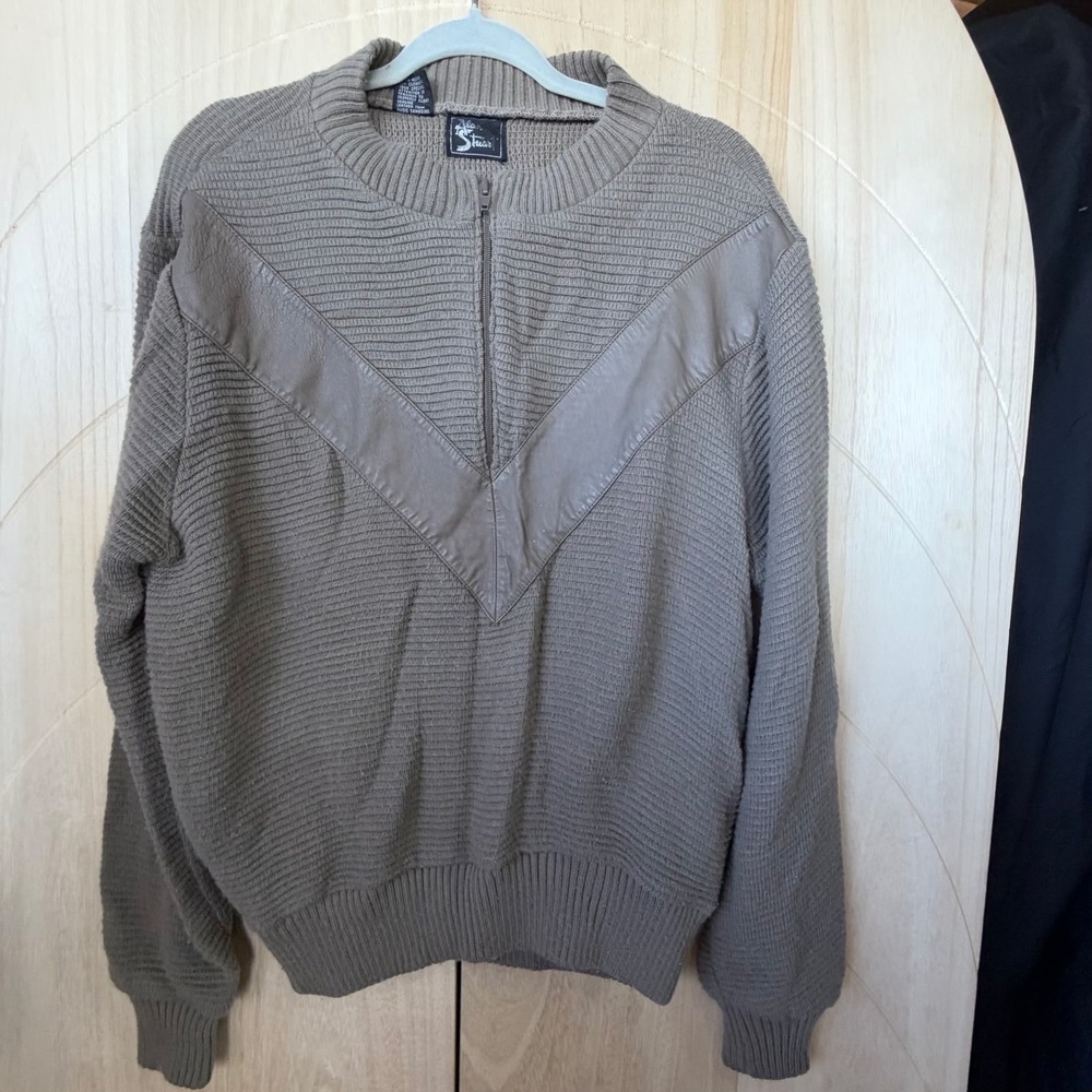 Alan Stuart Quarter Zip Sweater Mens L Taupe Brown Leather Chevron Vintage Rib